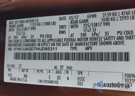 2017 Ford Escape Se z USA, uszkodzony, nr VIN 1FMCU9GD7HUD95311